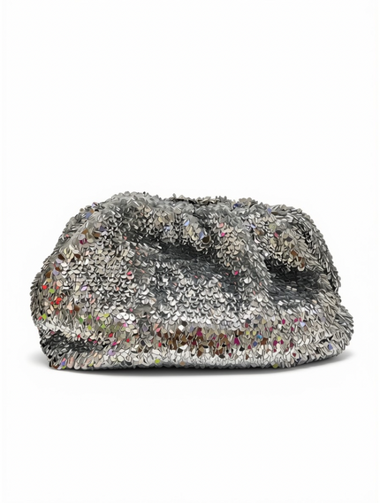 Bolso de Mano Blando Fluffy – Bordado Total en Lentejuelas Plata de Efecto Multibrillo