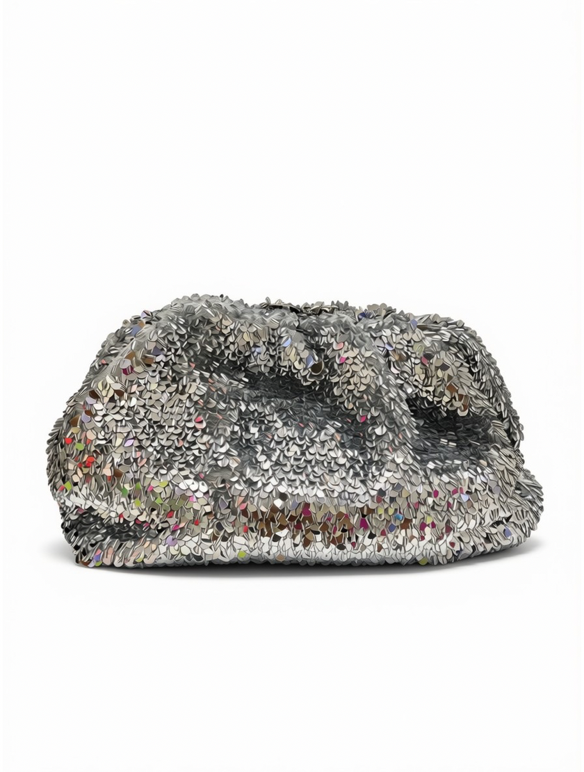 Bolso de Mano Blando Fluffy – Bordado Total en Lentejuelas Plata de Efecto Multibrillo