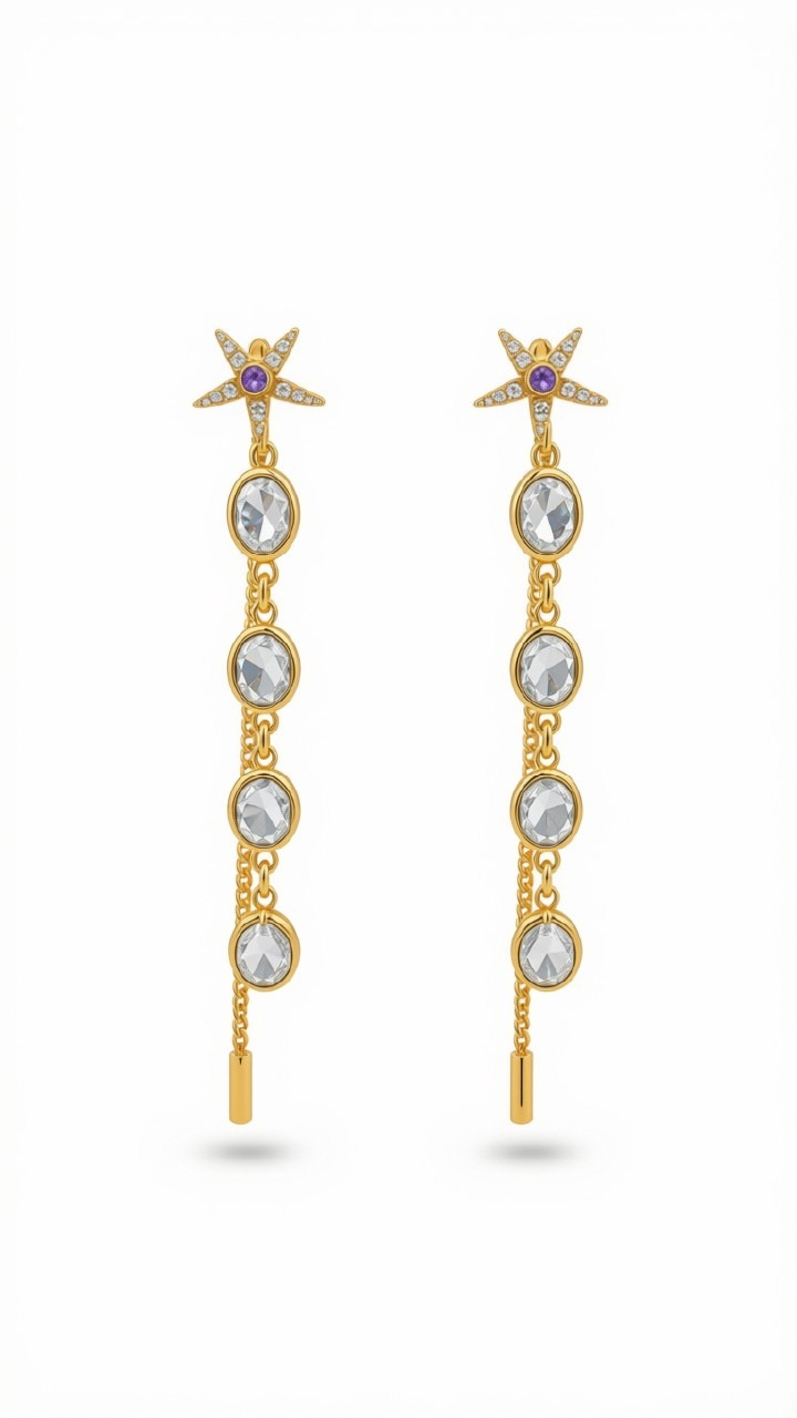 Aretes Lineales Dorados – Topo Estrella de Mar con Pedrería Lila y Cascada de Cristales Claros