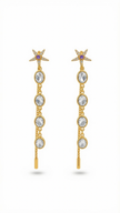 Aretes Lineales Dorados – Topo Estrella de Mar con Pedrería Lila y Cascada de Cristales Claros