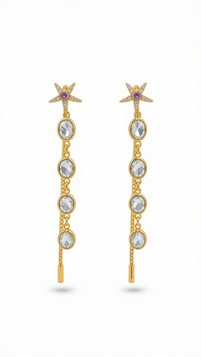 Aretes Lineales Dorados – Topo Estrella de Mar con Pedrería Lila y Cascada de Cristales Claros