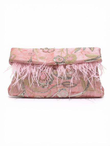 Bolso de Mano Tipo Pouch Plegable – Bordado Floral Rosa y Remate de Plumas