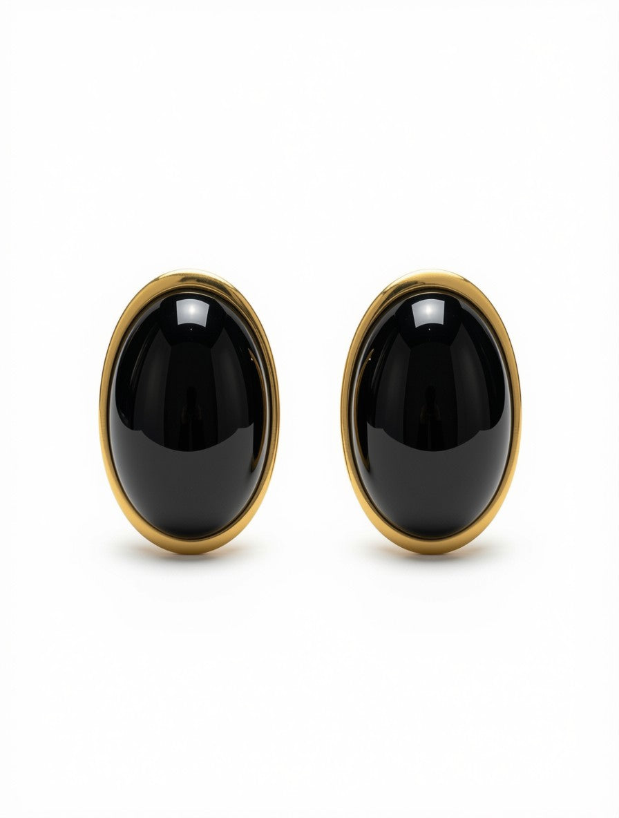 Zarcillos Botón Ovalados Black Onyx Vintage Statement