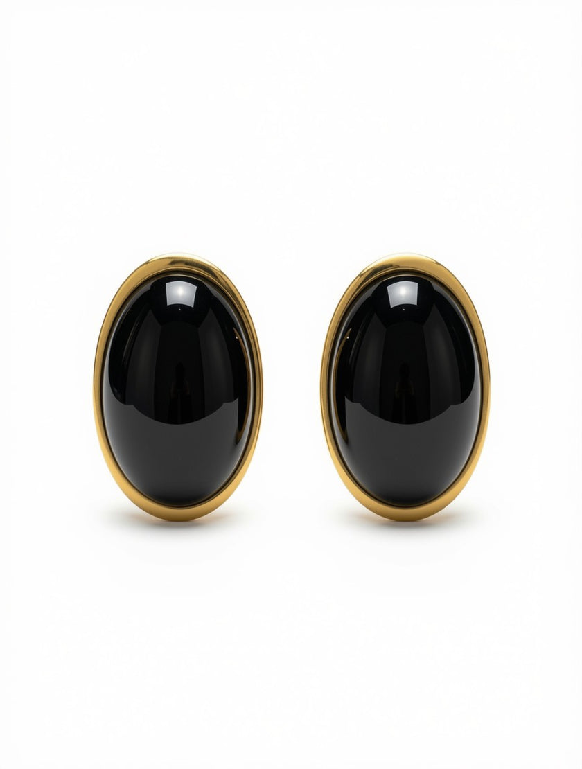Zarcillos Botón Ovalados Black Onyx Vintage Statement