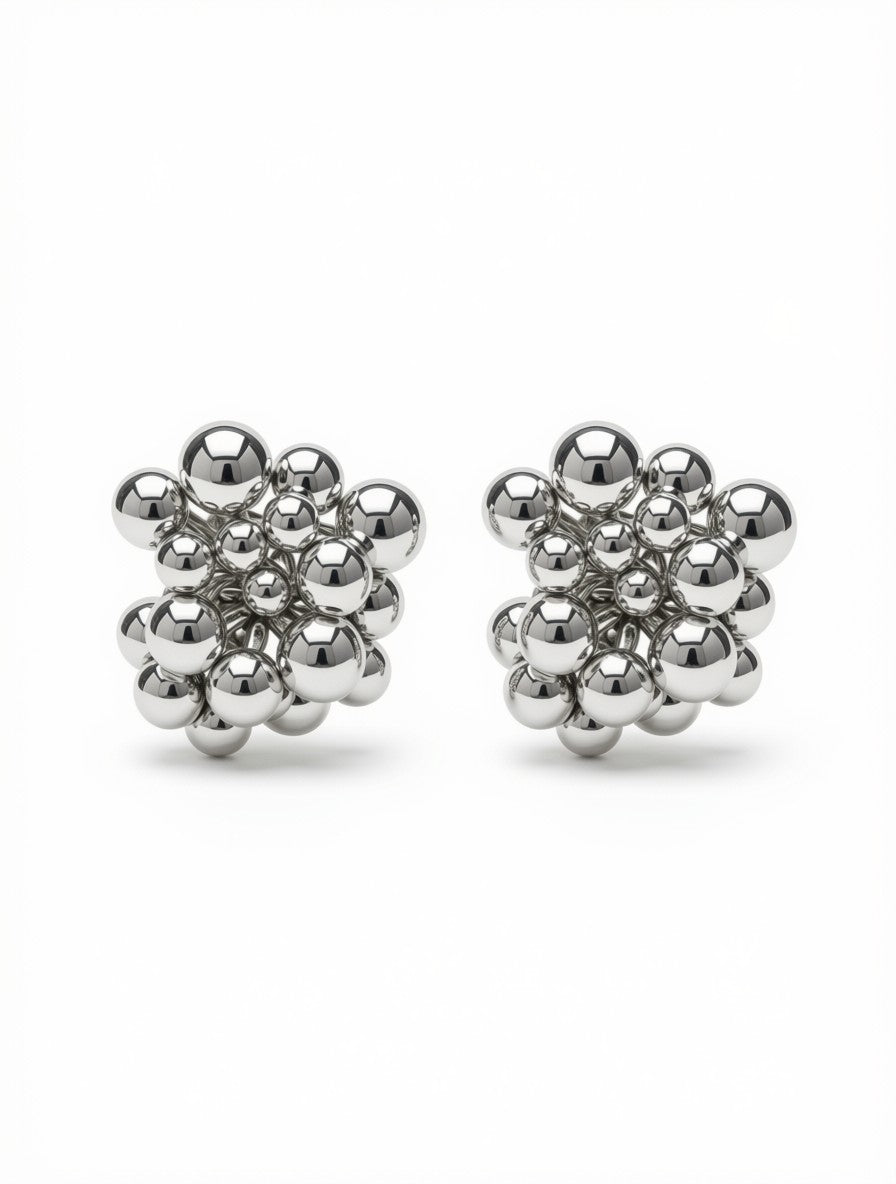 Zarcillos Botón Escultóricos Chrome Sphere Cluster