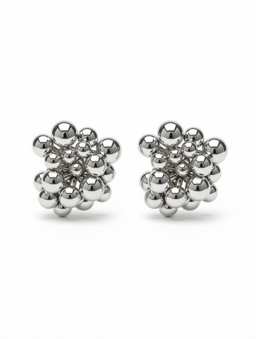 Zarcillos Botón Escultóricos Chrome Sphere Cluster