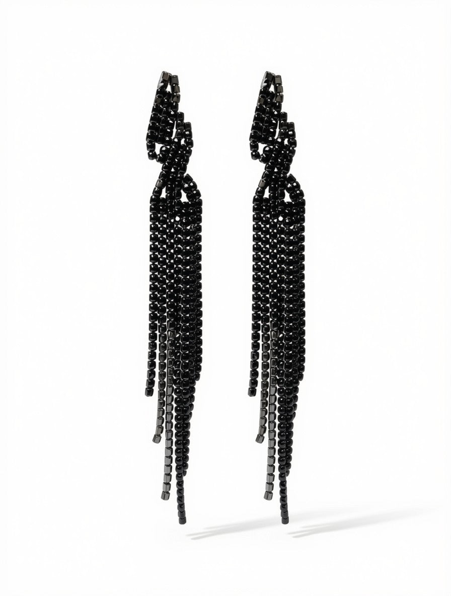 Zarcillos Drop Lineales Black Crystal Fringe Statement