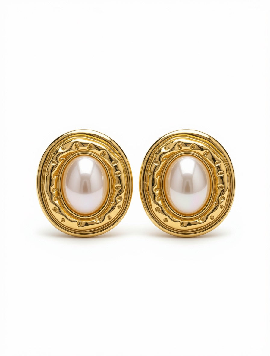 Zarcillos Botón Ovalados Gold Pearl Statement