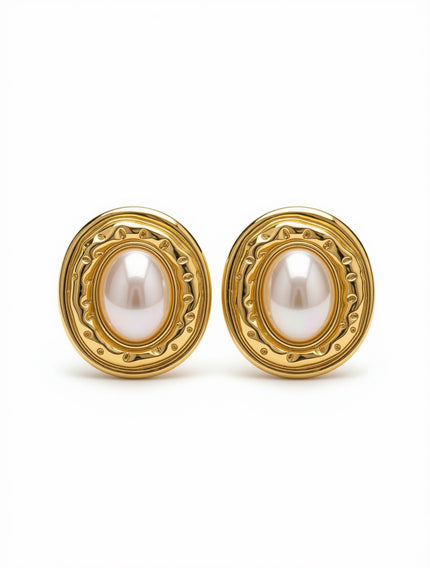 Zarcillos Botón Ovalados Gold Pearl Statement
