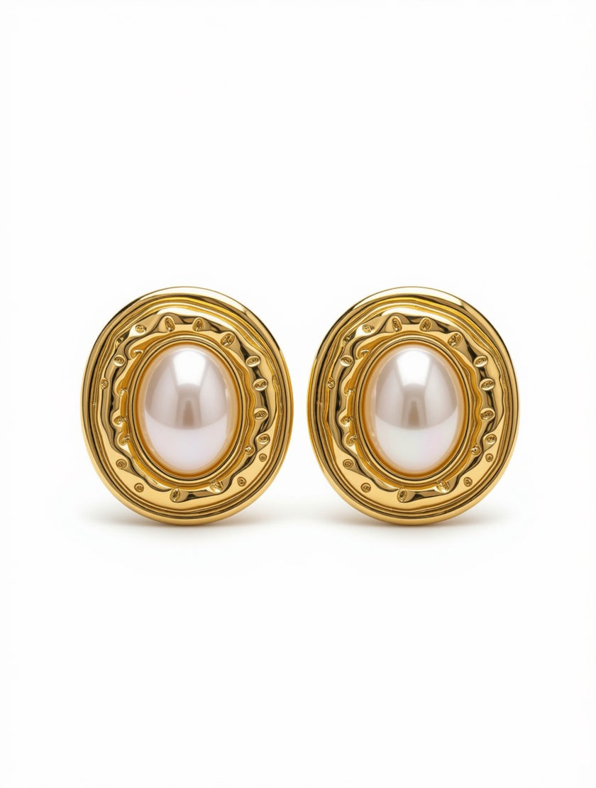 Zarcillos Botón Ovalados Gold Pearl Statement
