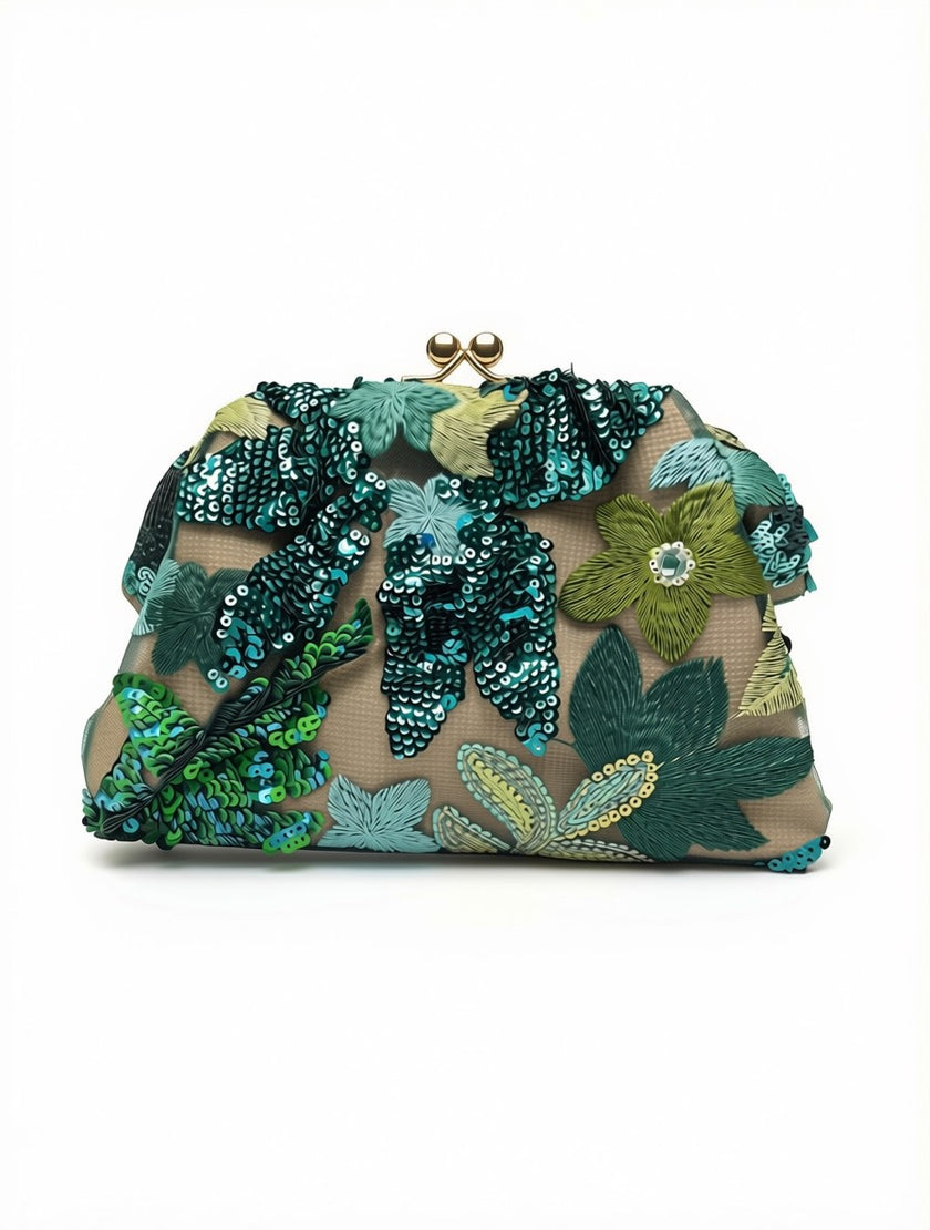 Bolso de Mano Tipo Pouch Rígido con Cierre de Esferas – Bordados de Hoja y Lentejuelas Verde Agua