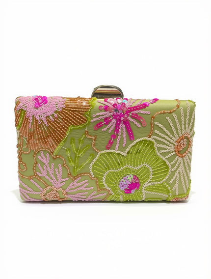 Clutch Estructurado de Gala – Bordado Artesanal Floral Verde Oliva y Fucsia