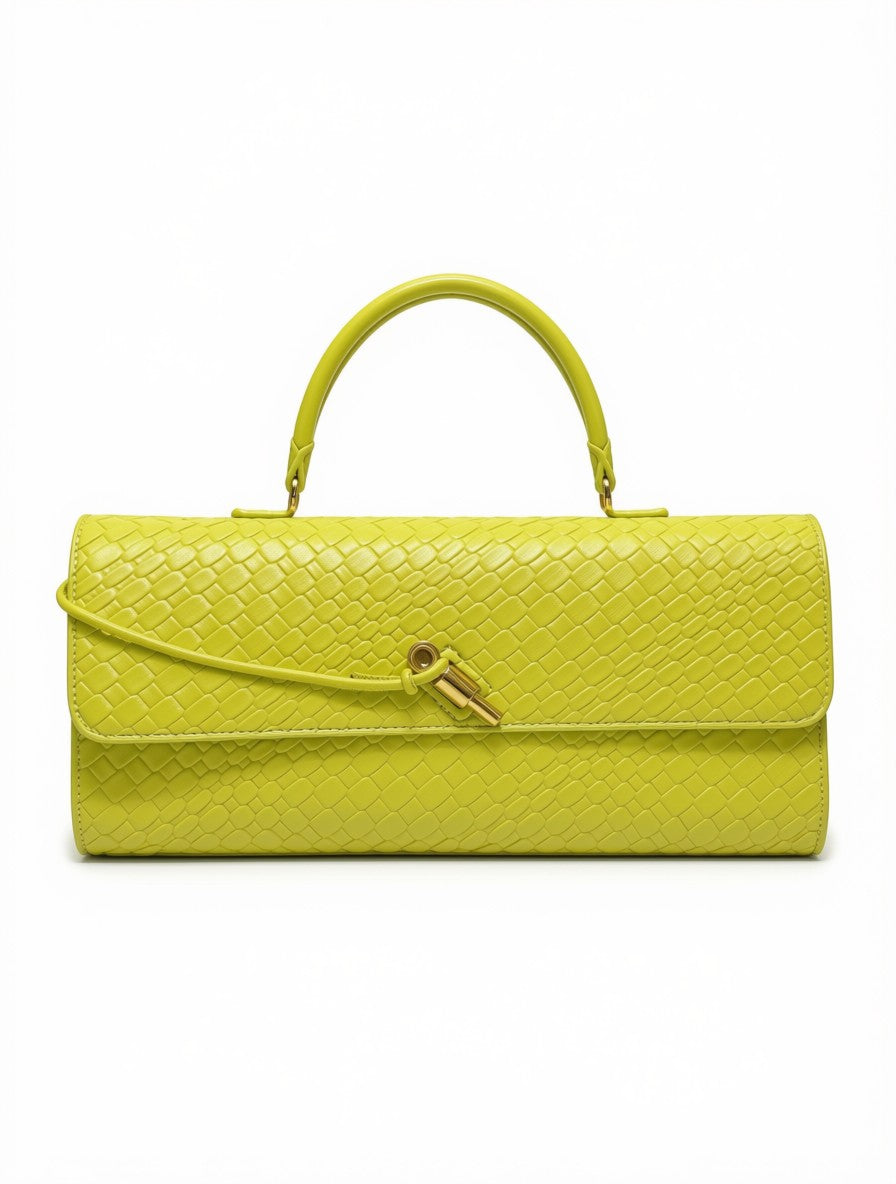 Clutch Rígido de Gala con Asa Superior en Textura Trenzada Chartreuse / Verde Lima