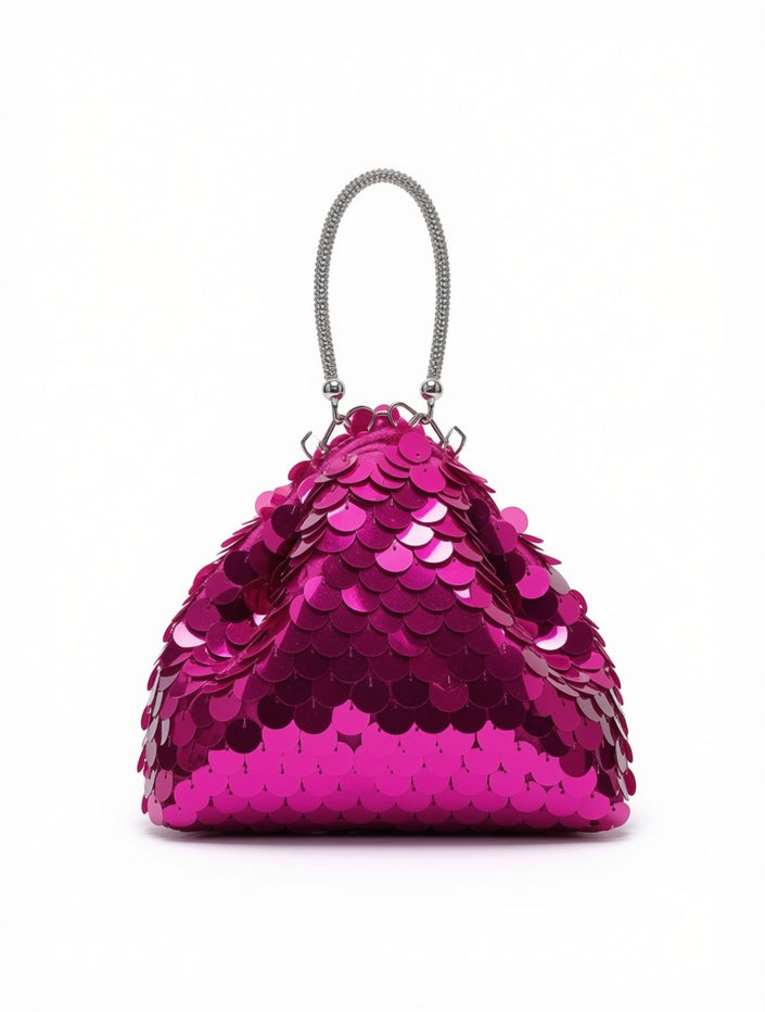 Clutch de Fiesta Piramidal en Maxilentejuelas Paillettes Fucsia con Asa Rígida Plateada