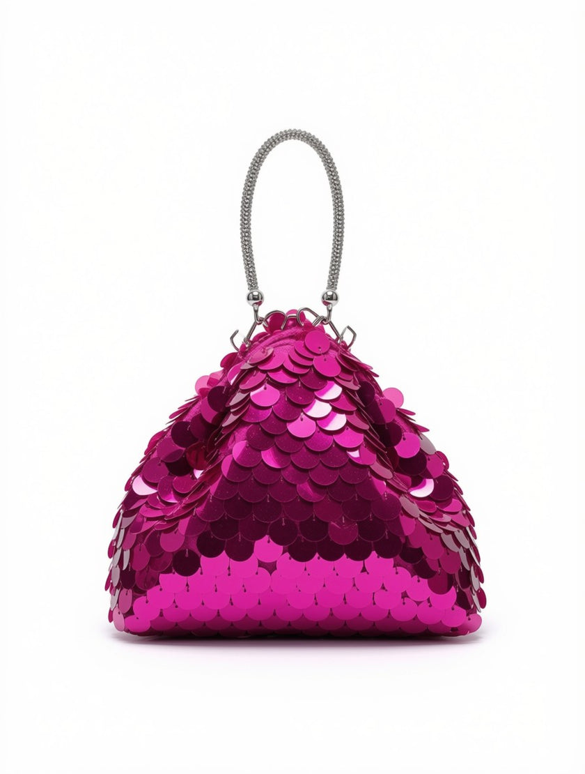 Clutch de Fiesta Piramidal en Maxilentejuelas Paillettes Fucsia con Asa Rígida Plateada